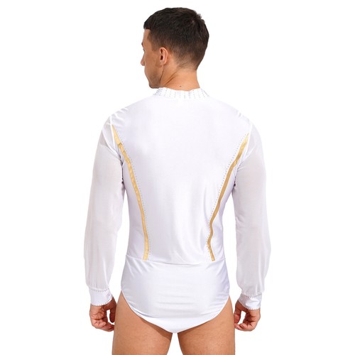 Mens Dance Costume Ballroom Latin Samba Bodysuit Sheer Mesh V Neck  Leotard - Picture 18 of 35