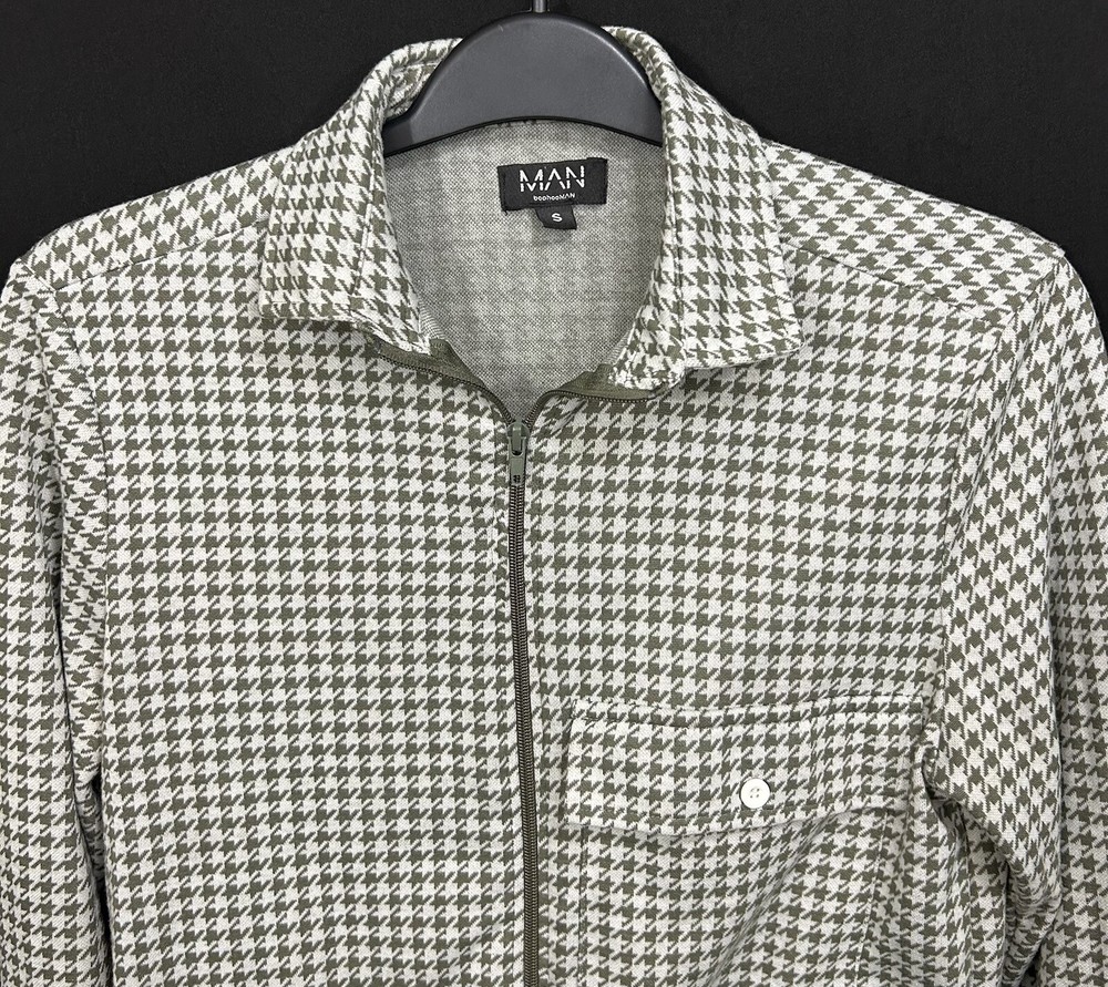 Boohoo Man Green Houndstooth Jacquard Zip-Up Overshirt Jacket Size S