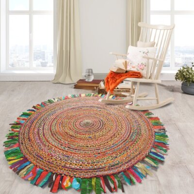 Indian Multi Color Indian Braided Cotton Jute Hand Woven Round Rug Carpet Rugs