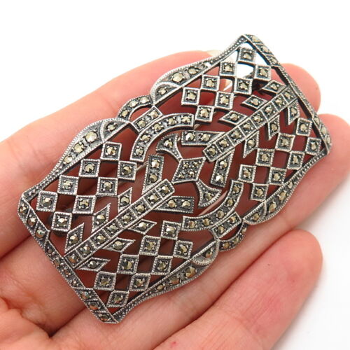 925 Sterling Silver Vintage Real Marcasite Gem Art-Deco-Style Large Pin Brooch