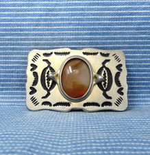 Western Dress Belt Buckle Native Design Cream Swirl Agate Vtg 80s    .GTA373