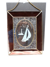 Vtg Stained Glass Sun Catcher w/ Etched Sailboat  Lighthouse Nautical Design