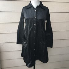 Stina Sayre Black Satin Button Down Long Sleeve Dress Pockets Women Cocktail S
