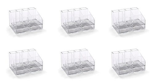 OSCO Small Clear Acrylic Desk Organiser | 6 Pack | 9 Compartments Plus 2 Drawers