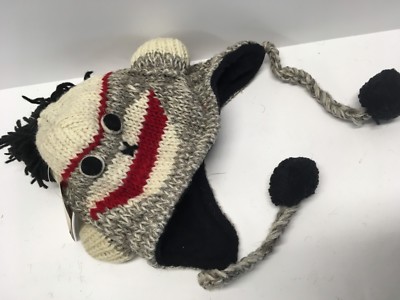 NEW - Handmade Nepal Sock Monkey Hat - Wool - Fleece Lined- Kids Fits Ages 4-7