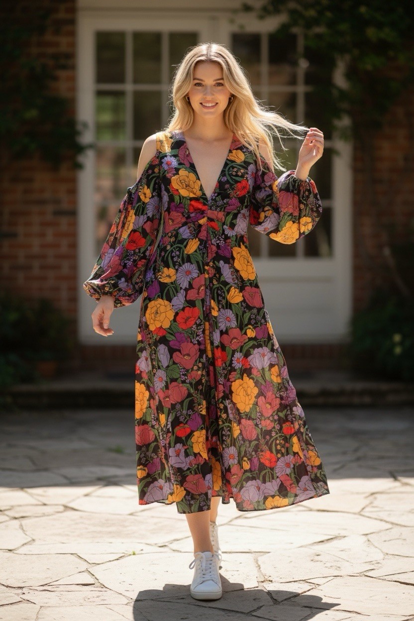 FARM Rio Bucolic Garden Sleeve Cut Out Dress, Size M  NWOT