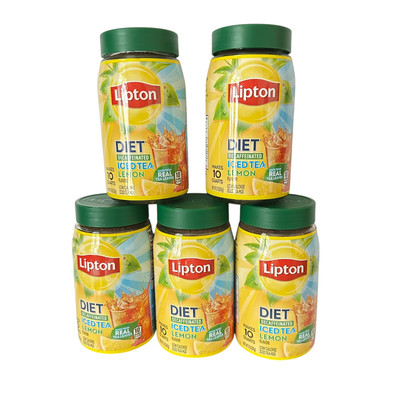 (5) Lipton DIET DECAFFEINATED Iced Tea LEMON Flavor Mix 3 oz jars GREEN Top