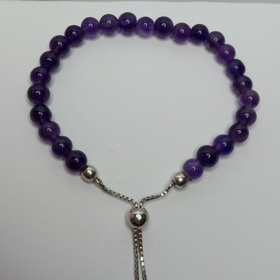 STERLING SILBER 925 AMETHYST RUND PERLEN SLIDER BOLO KUGEL VERSTELLBAR ARMBAND