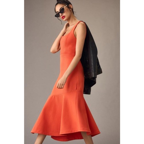New with Tags Anthropologie Orange Sleeveless Square Neck Slim Midi Dress Size M