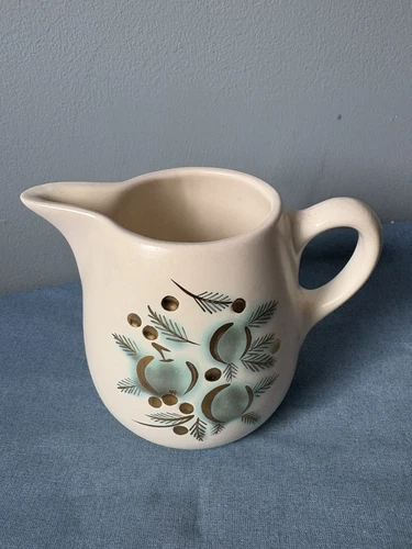 Stangl Frosted Fruit Creamer / Gravy Gold Accented Soft Green Fruit Signed MCM