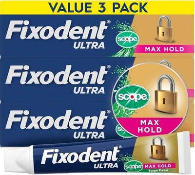 Fixodent Ultra Max Hold Plus Scope Secure Denture Adhesive, 3 Pk, 1.8 oz