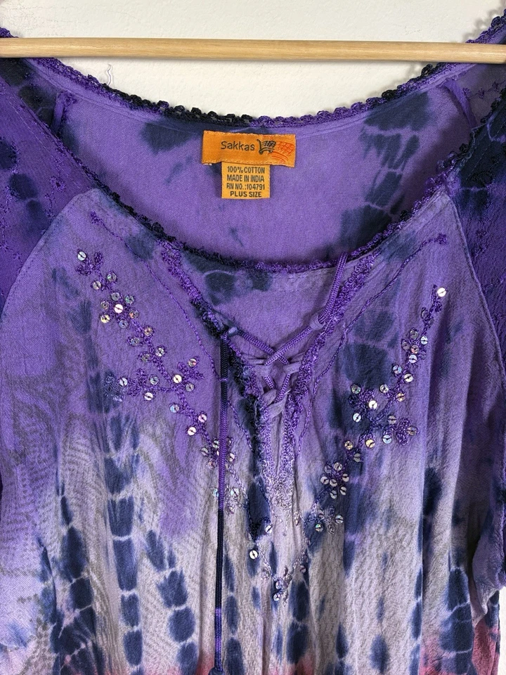 Blusa Sakkas Top Mujer XL Top Púrpura Boho Tie Dye Lentejuelas Hada Fluida Foto 3 de 4