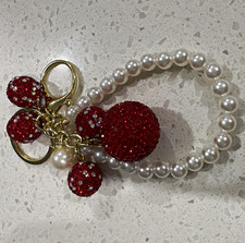 Red White Rhinestone Faux Pearl Beaded Loop Keyring 5"