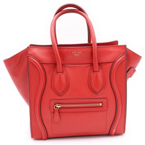 CELINE Luggage Micro Shopper Handbag Red Leather Gold Hardware Used d6575fab2d61