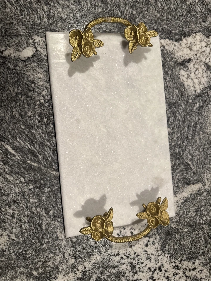 "Bandeja para servir de mármol blanco indio con mango de metal acabado dorado DECORATIVA 14x8""" Foto 4 de 4
