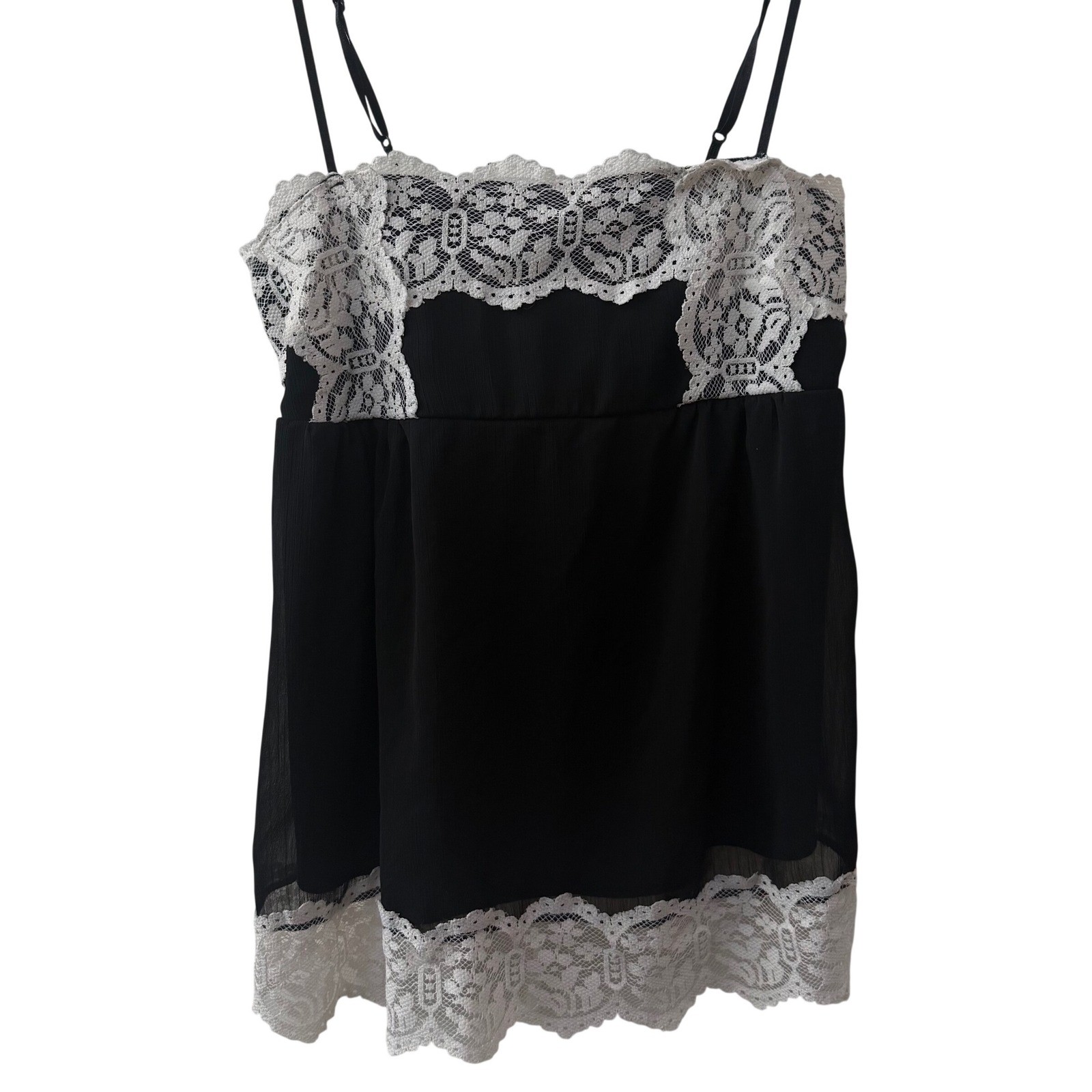 Vintage Y2K Womens Babydoll Cami Top Black White Lace Trim Made in USA Fairy