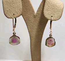 14K Soild Yellow Gold Raw Cut Watermelon Tourmaline Dangle Leverback Earrings
