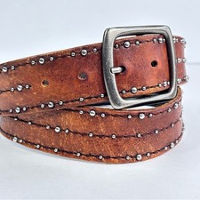 Genuine Leather Wide Brown Silver Studded Bohemian Boho Western Rustic Belt Med