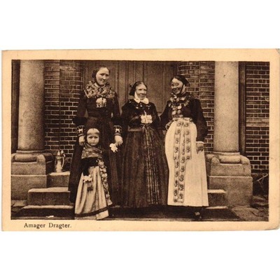 Antique Amager Dragter Postcard Traditional Danish Folk Costume Denmark Sepia