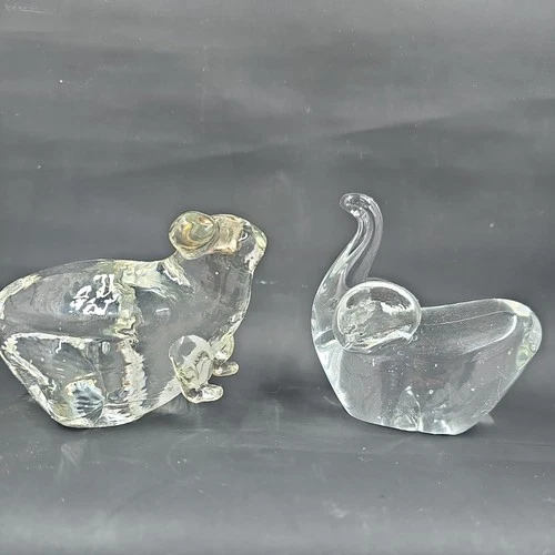 Lot if 2 Clear Blown Glass 3" Elephant & 3" Mouse Paperweight
