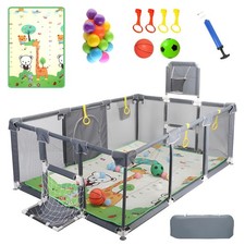 Upgraded Playpen w/ Thick Foldable Mat, Balls, 4 Rings, Hoop, Nets, Storage Bag