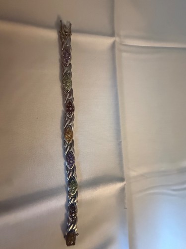 SILVER MULTIPLE STONE BRACELET RED, GREEN,PURPLE AND ORANGE