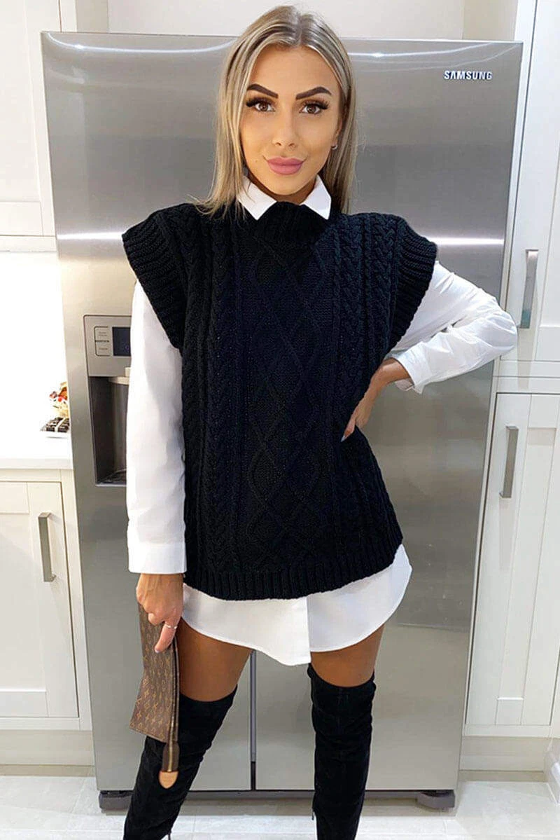 Womens Cable Knitted Vest Ladies Sleeveless Jumper Sweater High