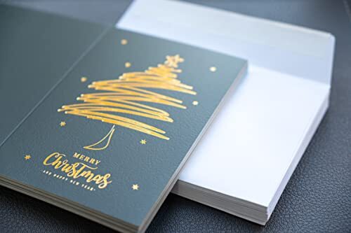 Gold Foil Christmas Cards, Pack of 24 with Envelopes, Christmas Dark Green - Picture 6 of 7