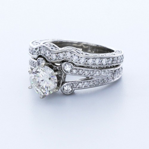 3.5CT NATURAL DIAMOND D/SI2 ROUND CUT PLATINUM SPLIT-BAND SIDE-STONE RING SET - Picture 2 of 17