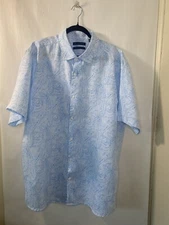 Saks Fifth Avenue Men's 2X Blue Paisley Shirt 100% Linen Button Up SS Preowned
