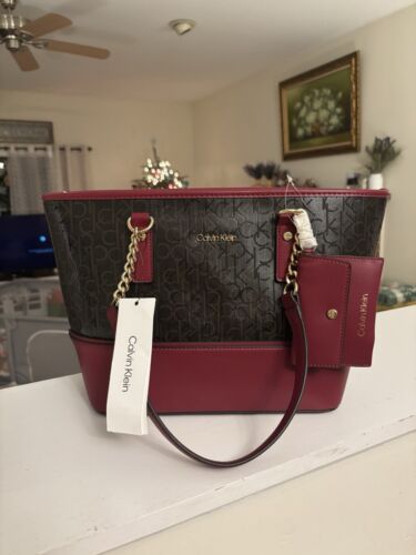 Brand New Calvin Klein Maroon and Brown Purse 2 in 1 Tote with Card Case