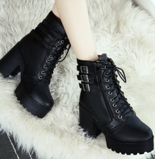 Women's Punk Chunky Heel Buckle Strap Combat Motor Platform Ankle Boots Shoes