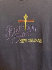 Vintage Embroidered New Orleans Bourbon Street Shirt Navy Blue Made USA Medium