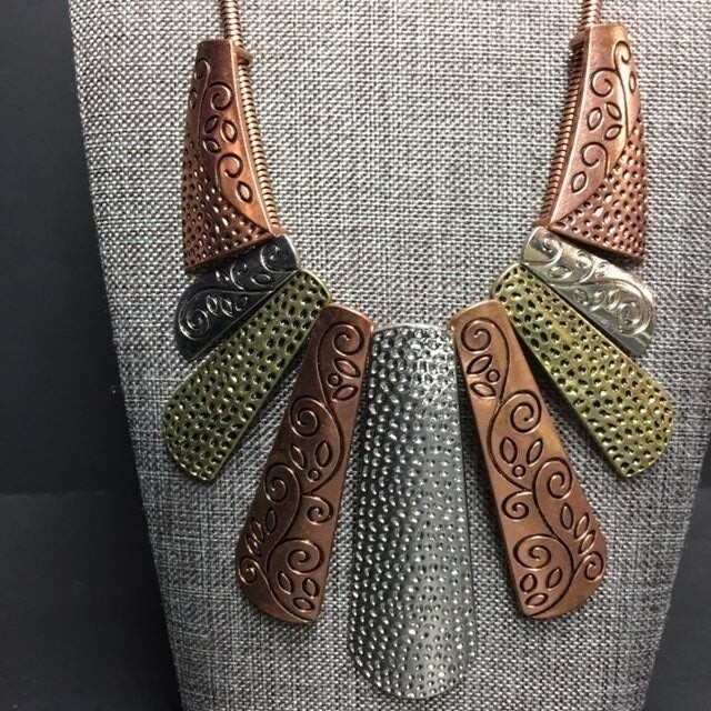 Statement Necklace Copper Silver Gold Scrollwork … - image 2