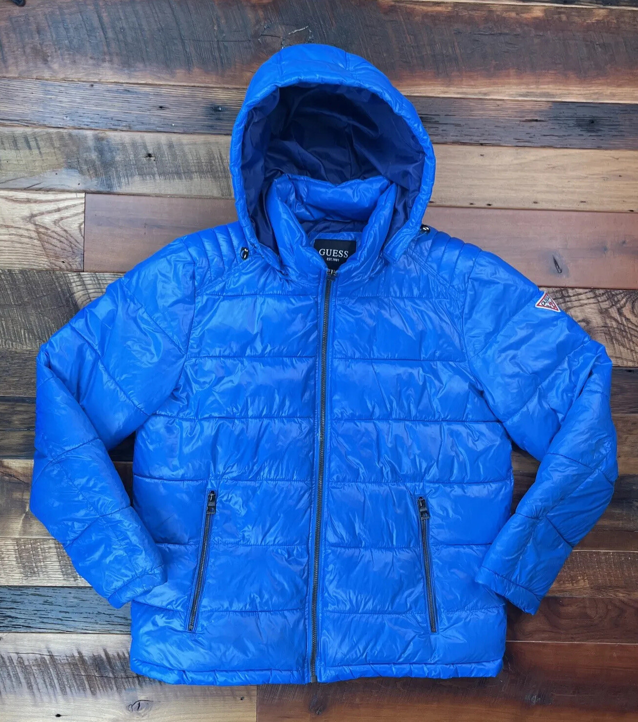 GUESS Men's XL Detachable Hooded Blue Puffer Down Ins… Gem