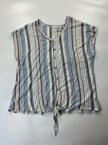 Rachel Zoe Top Womens 2X 100% Linen Striped Tie Button Front Lightweight Shirt