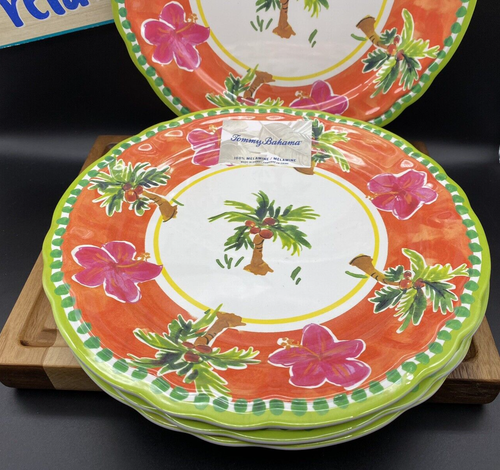 TOMMY BAHAMA MELAMINE Tropical Palm Pink Orchid 10.5" Dinner Plates (SET OF 4)