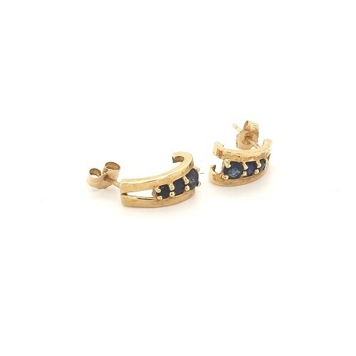 Blue Sapphire .66tcw J-Hoop post Huggie earrings 14k yellow gold - Afbeelding 1 van 4