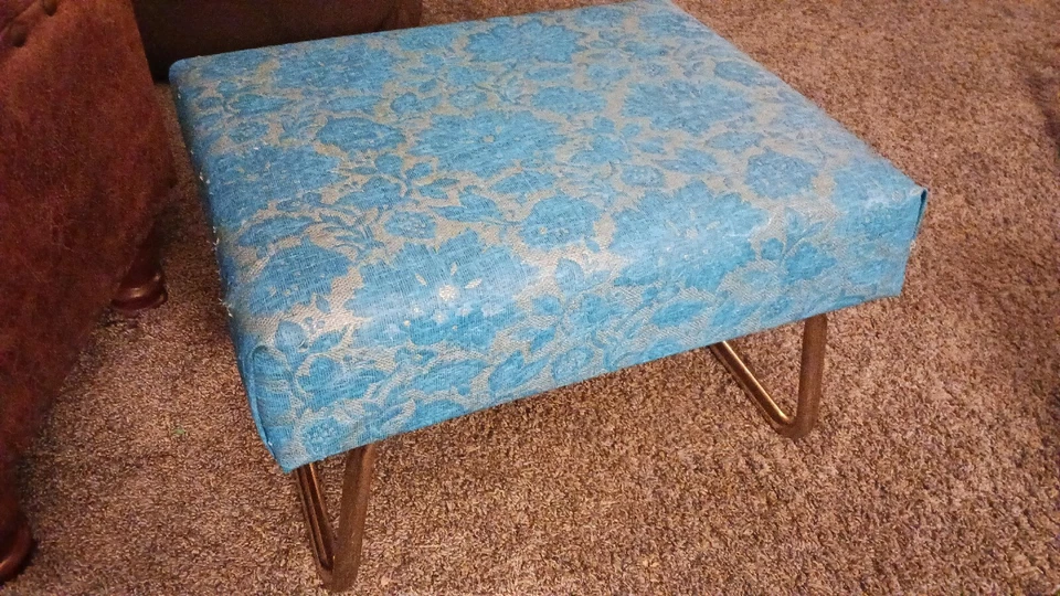 Mid Century 2 Level Adjustable  Ottoman Pearl Wick Leg Lounger Blue Vinyl - Image 2 of 4
