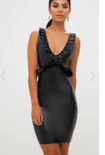 PLT Black Faux Leather Frill Detail Bodycon Dress Size UK 12 rrp £30 NH10 ZZ 01