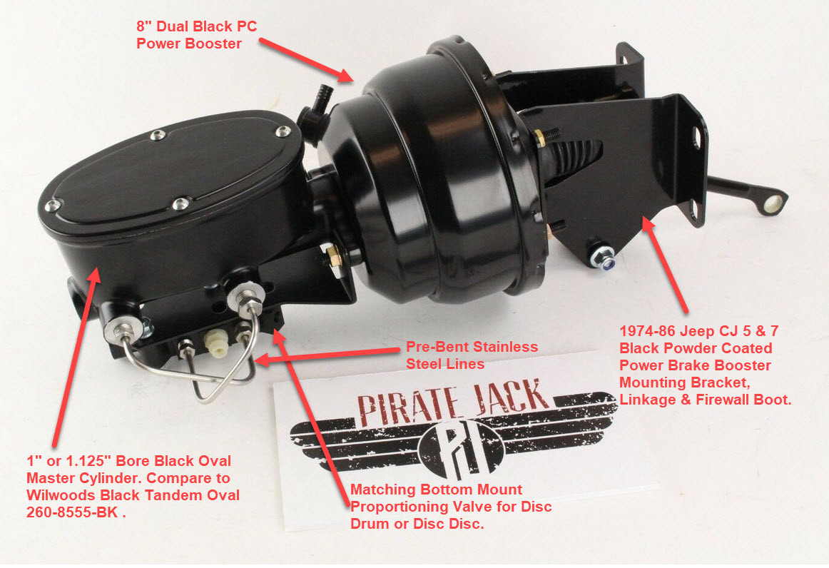 8" Dual Power Brake Booster Kit, Black Out Edition for 197486 Jeep CJ7