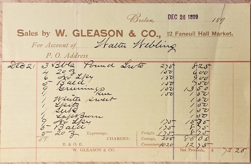 1899 BILLHEAD~W. GLEASON CO. FANEUIL HALL MARKET BOSTON, MA. SALE OF MERCHANDISE