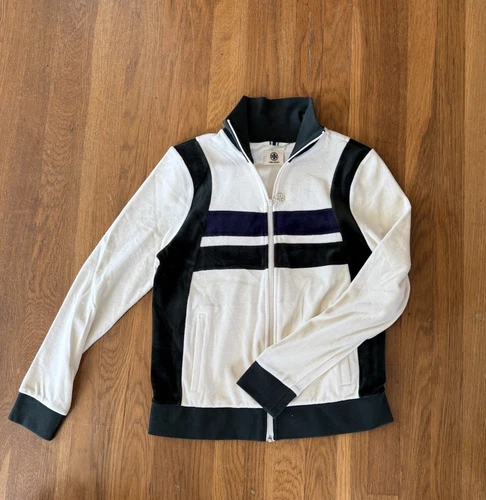 giacca donna tory burch track taglia small panna con top a righe blu