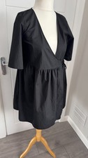 ASOS DESIGN Womens Black Smock Mini Dress UK 8 S Tie Front Oversized B46