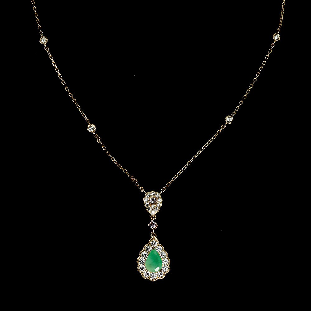 925 Sterling Silver Necklace Pear Emerald 7x5mm Natural Gemstone Jewelry 17in
