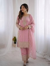 Roman Glass Silk Pink Salwar Kameez With Dupatta For Indian Festival Wear