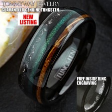 Custom Engraved Tungsten Carbide Green Sand Whiskey Barrel Faux Meteorite Ring