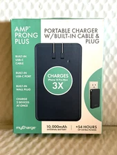 myCharge Amp Prong Plus 10000mAh Portable Charger w/ Built-In USB-C Cable & Plug