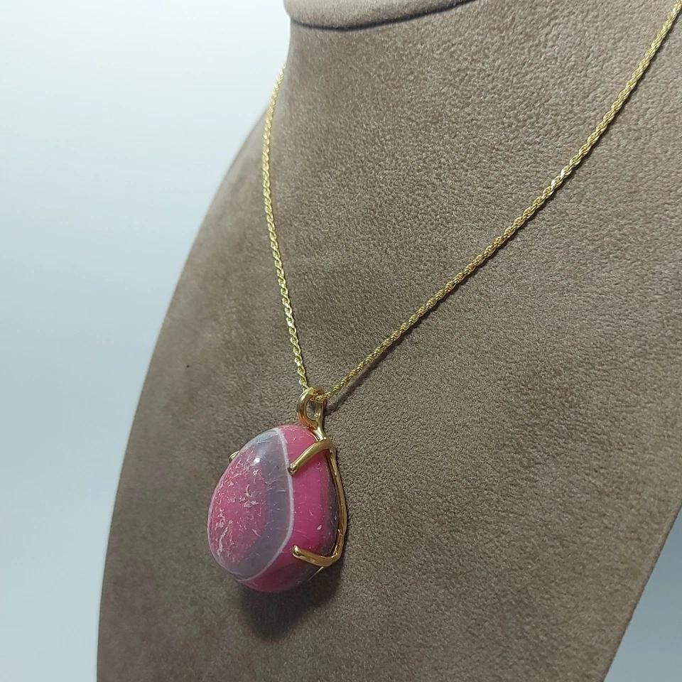 Collana Argento 925 Dorato e Ciondolo Quarzo Pietra Rosa Naturale Gioiello Donna - Immagine 3 di 4