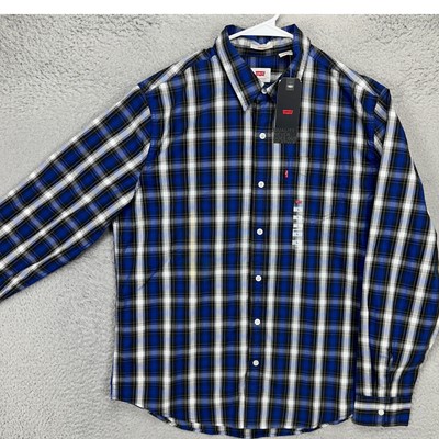 Levis Adult Mens Button Up Shirt Large Blue Black Plaid Long Sleeve Stretch NEW